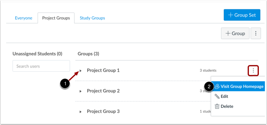 Circle one points to 'project group 1' under groups and circle two points to the visit group homepage option