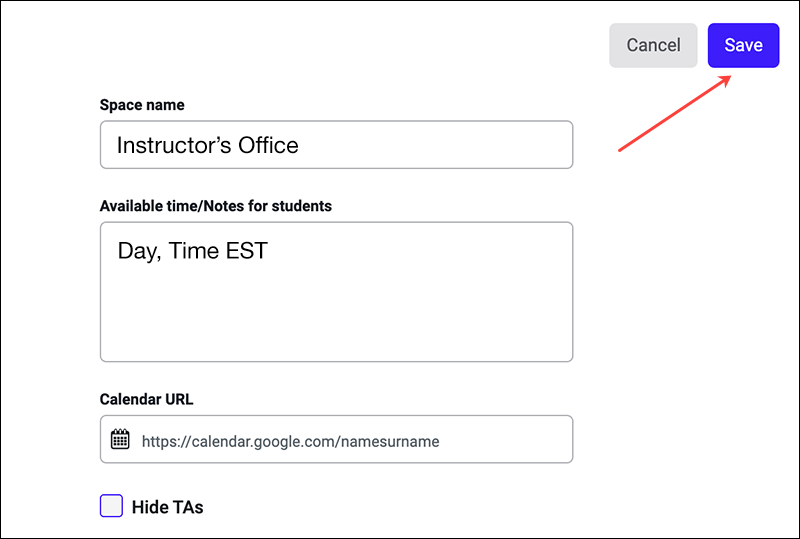 InSpace name and office hour days and times with Edit button