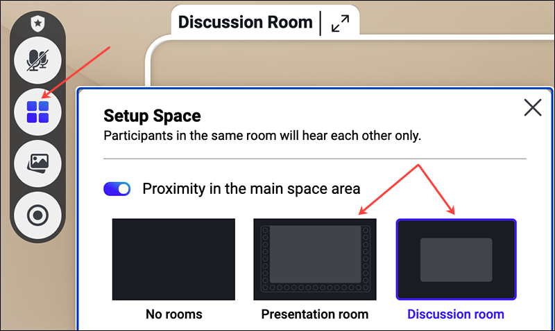 Setup Space Button with Discussion Room option highlighted