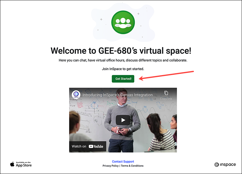 InSpace Welcome Message with Get Started button