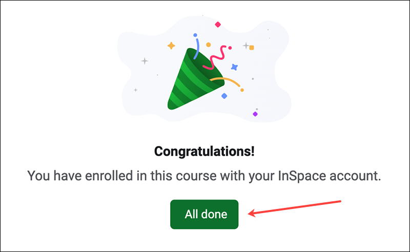 InSpace enrollment confirmation with All done button