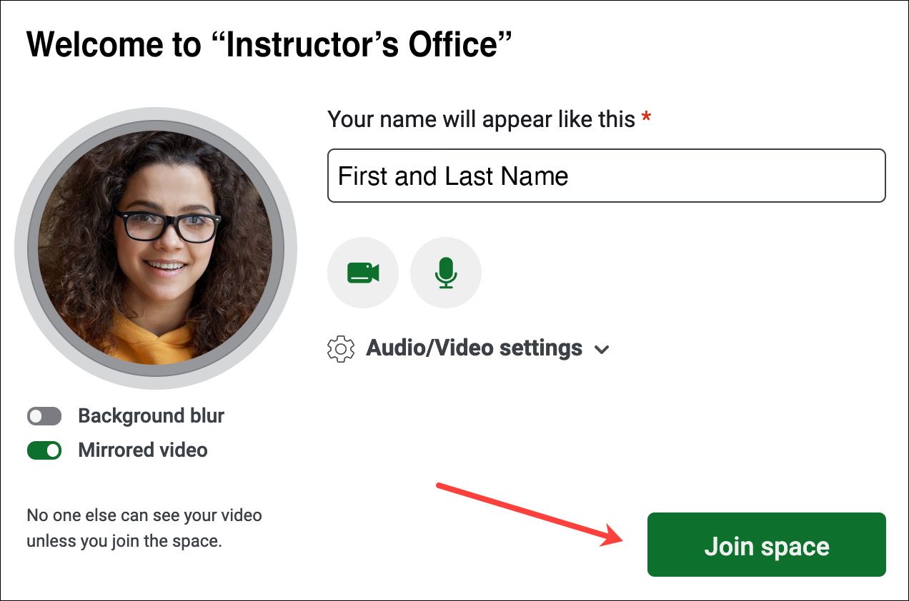 InSpace Welcome to Instructor's Office with student image, name, audio/video settings, and Join space button