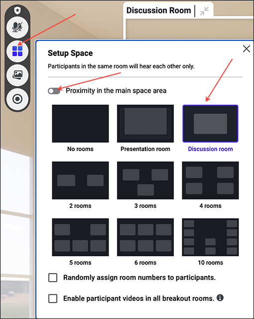 InSpace Setup Space with Proximity in the main space area toggled off and Discussion room selected.