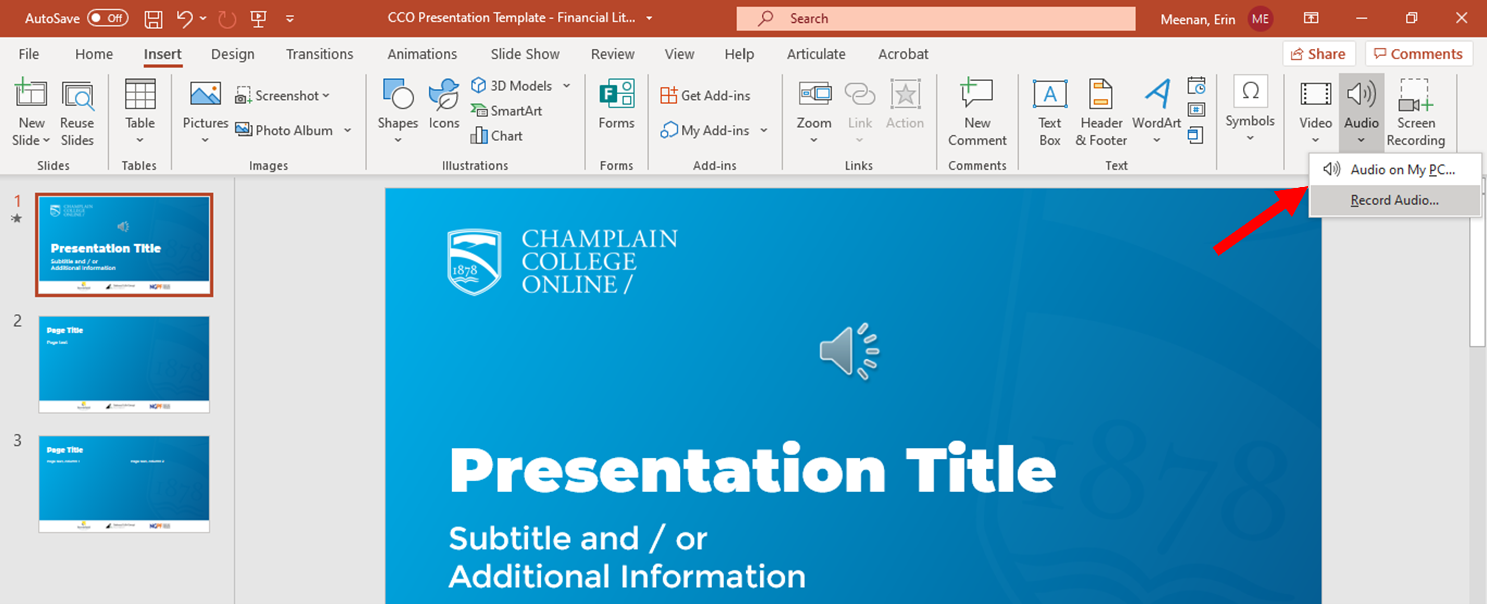 Audio icon tab in PowerPoint