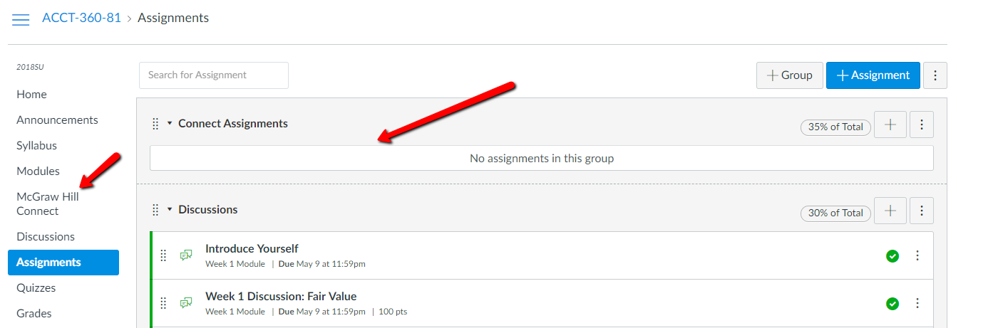 Canvas course shows 'Connect Assignments' with McGraw Hill Connect tab