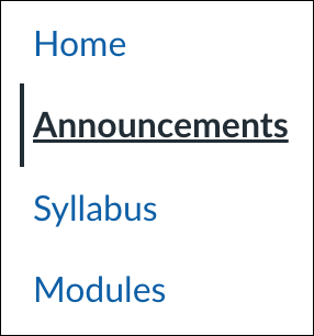 Canvas Course Navigation menu with Announcements Highlighted
