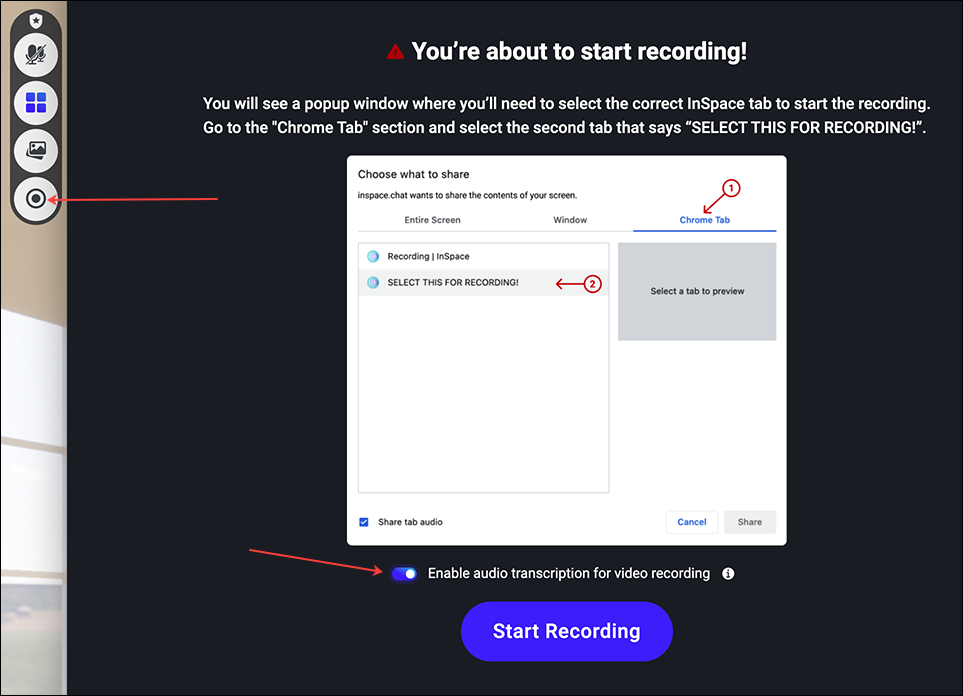 Recording PopUp Window with Enable Audio Transcript and Start Recording button