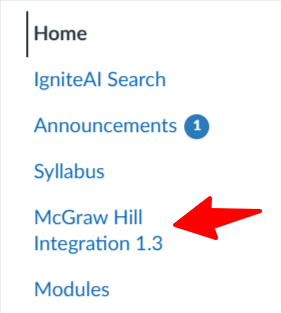 Arrow pointing to McGraw Hill integration within Canvas Dashboard menu